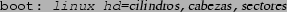 \begin{tscreen}
boot: linux tmx8xx=\cparam{interrupcin},\cparam{direccin}
\end{tscreen}