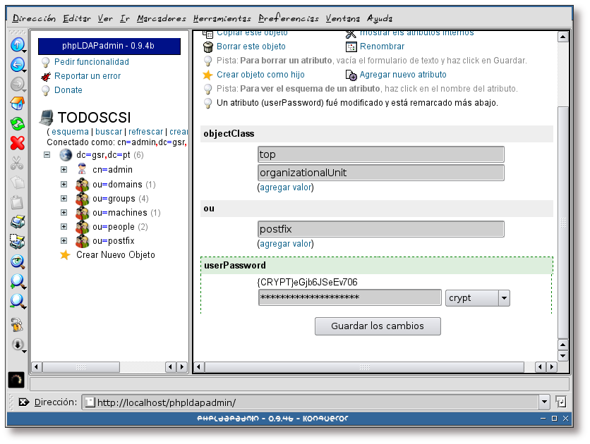 Creando la unidad organizacional postfix, estableciendo una clave III